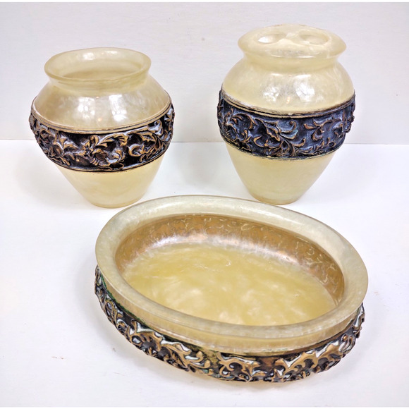 Vintage Wamsutta Adagio Bronze & Pearl Ivory Faux Marble Bathroom Set Soap Tooth - Picture 4 of 8